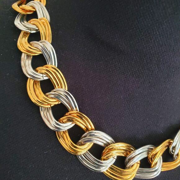 Gold & Silver Tone Necklace Bracelet Set Chunky Chain Polished Mixed Metal Retro - Picture 7 of 9